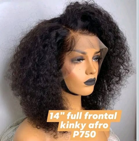 14 inch full frontal kinky afro wig in black, displayed on mannequin head, priced at P750