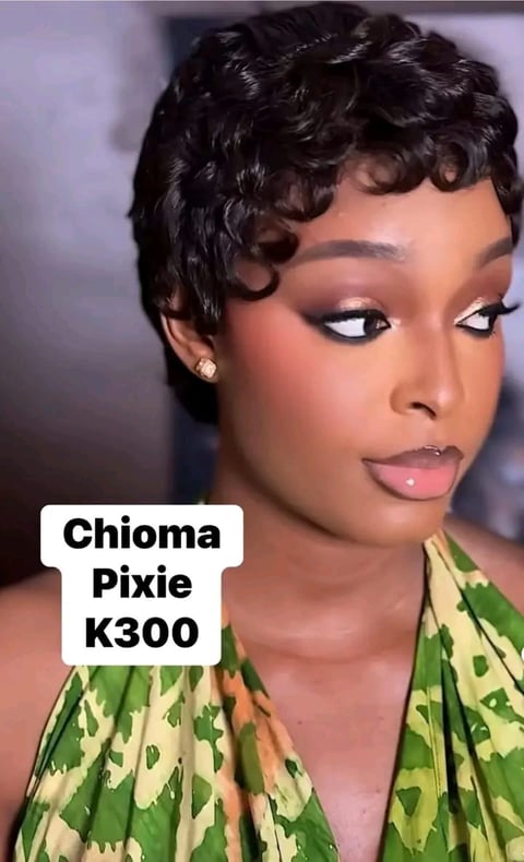 Woman with short black pixie cut hairstyle wearing green patterned top, labeled Chioma Pixie K300