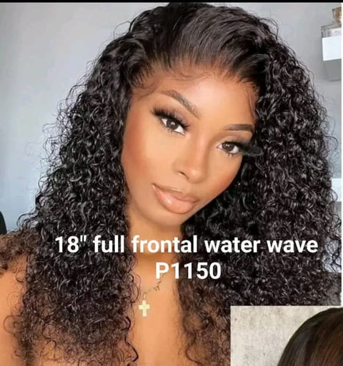 Woman with long curly black water wave hair wearing cross necklace, 18 inch full frontal wig product photo